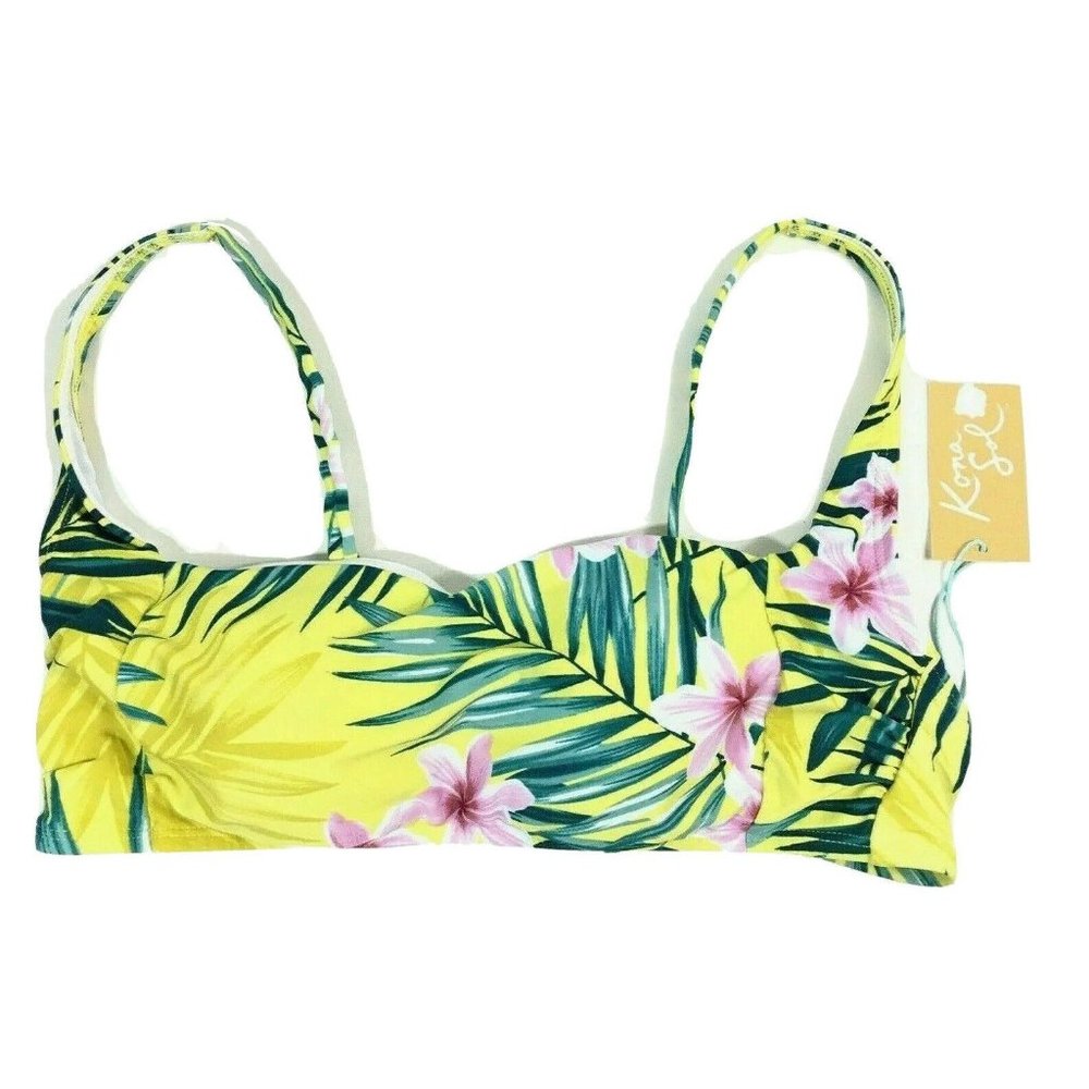 Kona Sol Womens Square Neck Bikini Top Large Tropical Floral Print Yellow